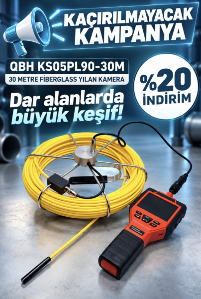 QBH Ks05pl90-30m | 30 m Fiberglass Yılan Tipi Boroskop Kamera – 3.5″ Lcd, 8.5 mm Uç